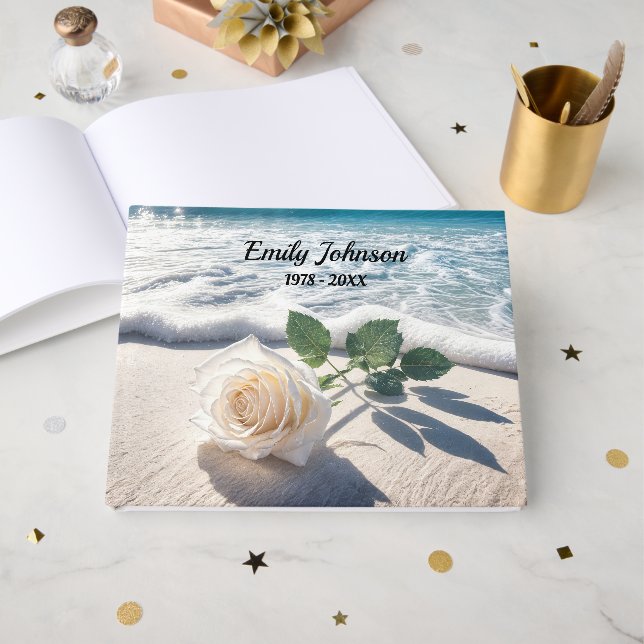 Libro De Visitas Rosa Blanca en Arena de Playa (Anverso Abierto)