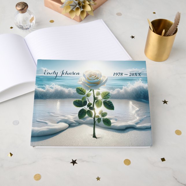 Libro De Visitas Rosa Blanca en Arena de Playa (Anverso Abierto)