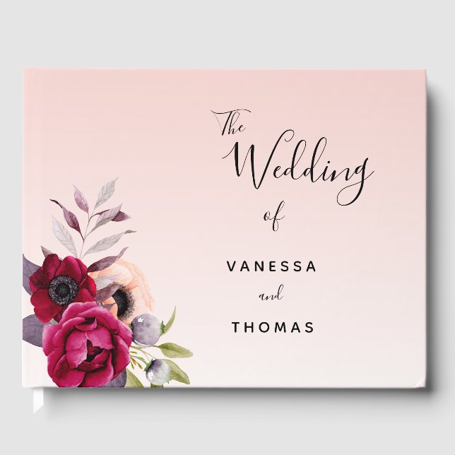 Libro De Visitas rosa boda oro rubor rosa burdeos florales (Anverso)