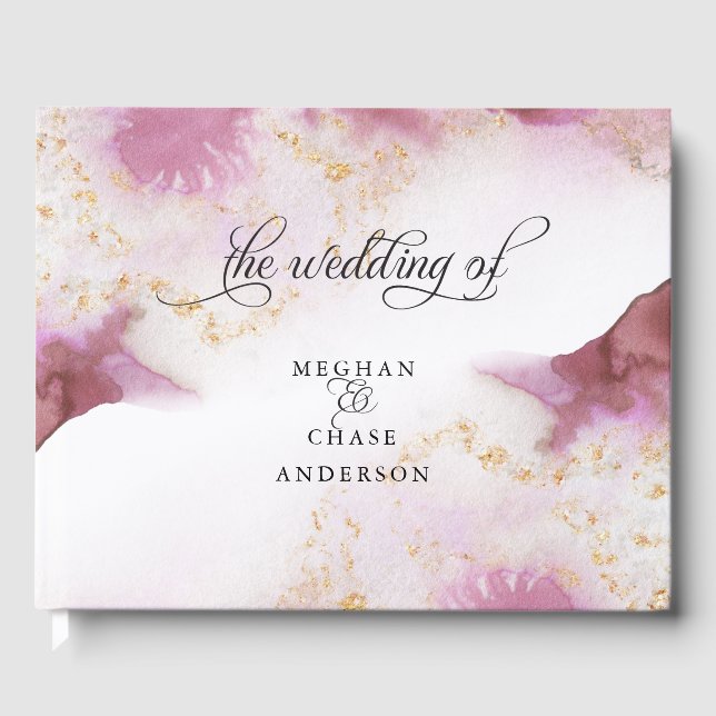 Libro De Visitas Rosa de acuarela Quartz Gold Geode BarefootBride™ (Anverso)