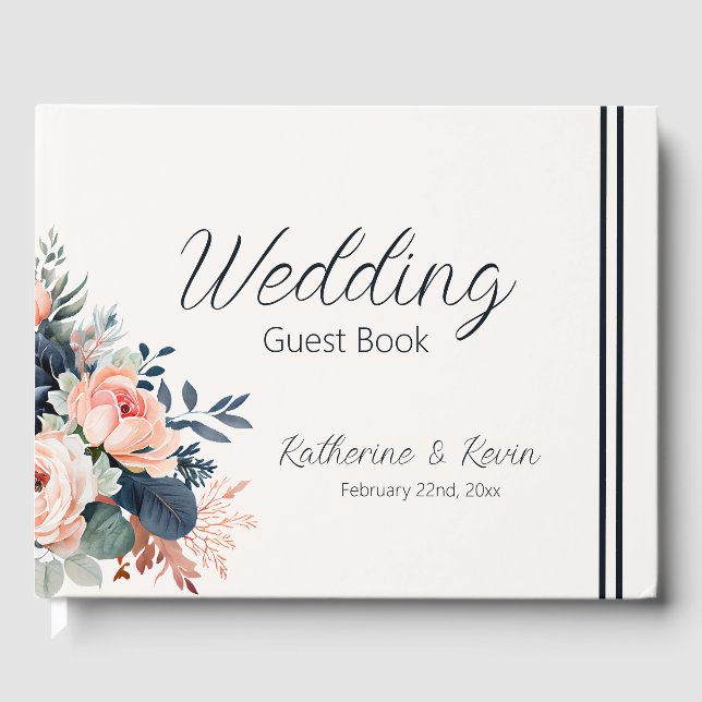 Libro De Visitas Rosa de Boda floral de Navy Blue Dusty (Anverso)
