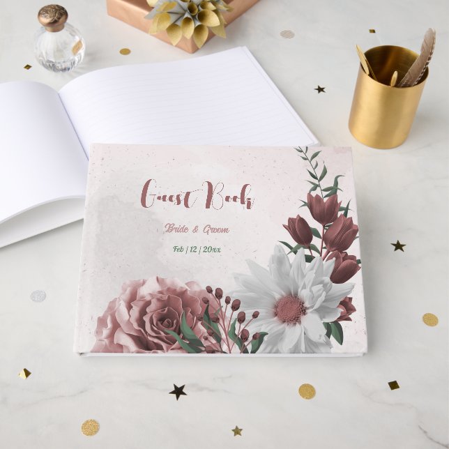 Libro De Visitas rosa de canela rosa boda geométrico floral blanco (Anverso Abierto)