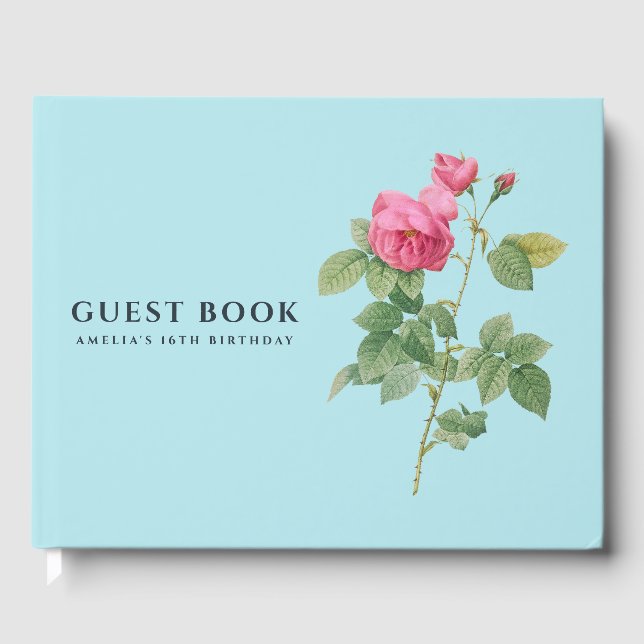 Libro De Visitas Rosa de época Foto Pastel Azul Botánico (Anverso)