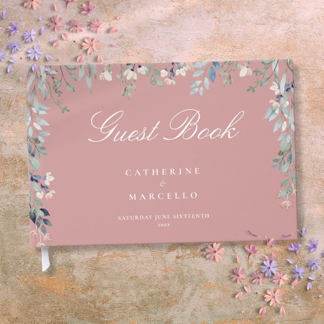 Libro De Visitas Rosa de flores silvestres rosadas en cascada Boda (Dusty Rose Pink Floral Wildflowers Cascade Wedding Guest Book)