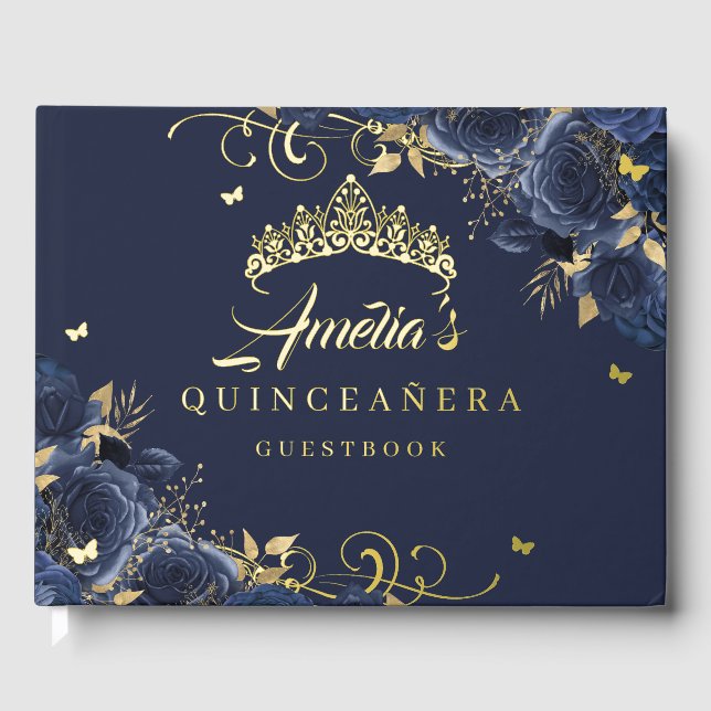 Libro De Visitas Rosa de la marina Swirl Floral Quinceanera Gold (Anverso)