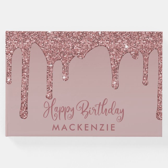 Libro De Visitas Rosa de lujo Purpurina de oro Drin Cumpleaños (Anverso)