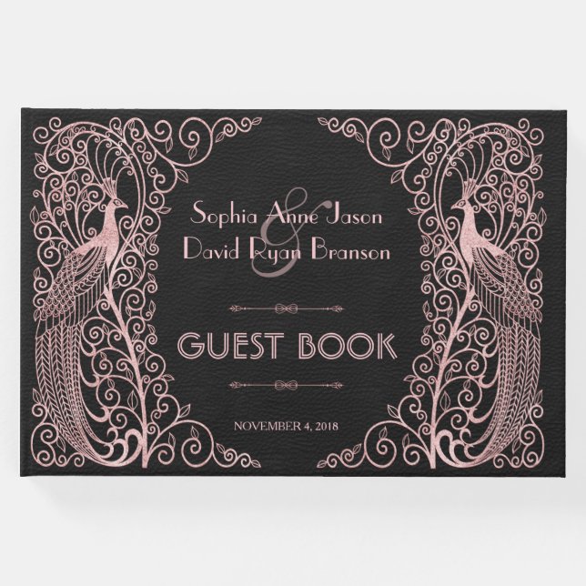 Libro De Visitas Rosa de oro Art Deco Peacocks Boda negro (Anverso)