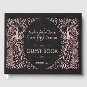 Libro De Visitas Rosa de oro Art Deco Peacocks Boda negro