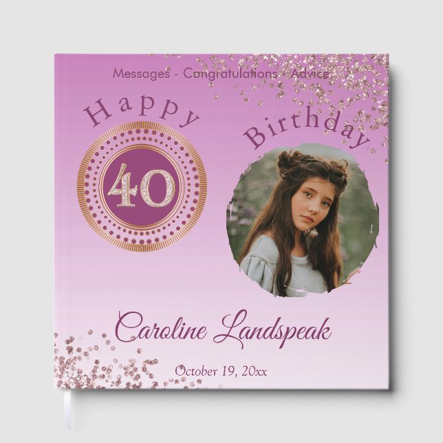 Libro De Visitas Rosa de Oro con Brillo Personalizada Cumpleaños 40 (Anverso)