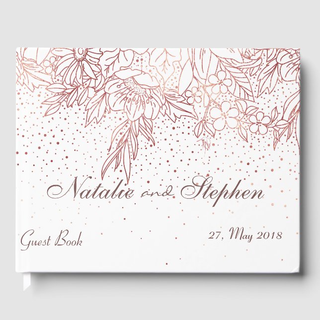Libro De Visitas Rosa dorado floral doodles confetti boda (Anverso)