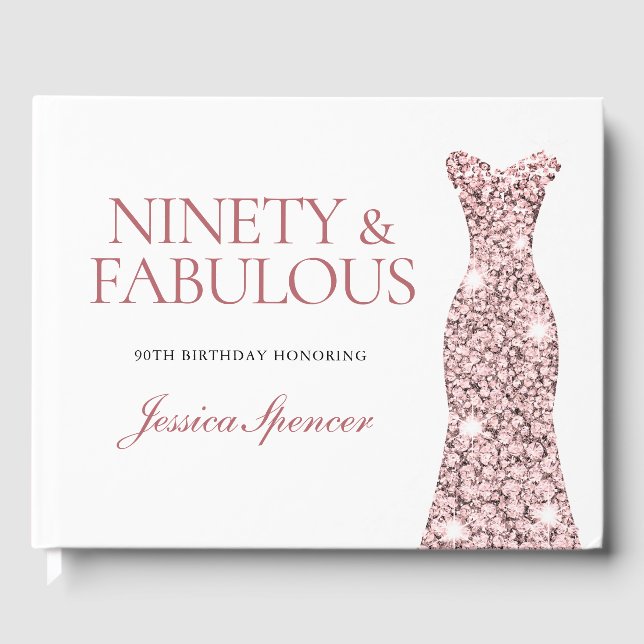 Libro De Visitas Rosa Dorado Sparkle Vestido 90 cumpleaños (Anverso)