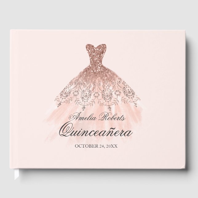 Libro De Visitas Rosa Dorado Sparkle Vestido Quinceanera Invitado (Anverso)