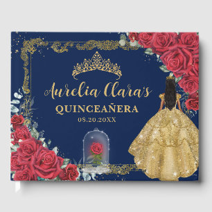 Libro De Visitas Rosa Encantada Floral Roja Cabello Negro Quinceañe