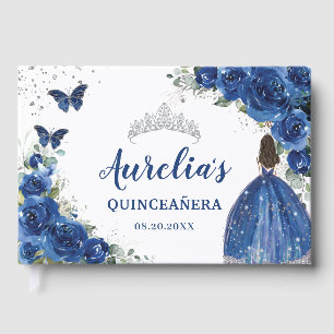 Libro De Visitas Rosa floral azul real Princesa Plata Quinceañera