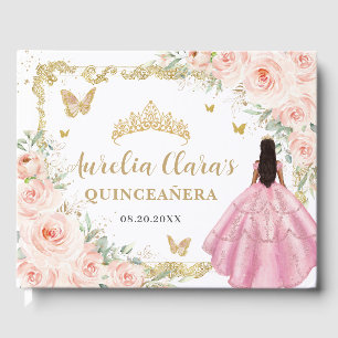 Libro De Visitas Rosa Floral Princesa Dorada Quinceañera Mis 15
