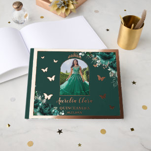 Libro De Visitas Rosa floral verde esmeralda oro Quinceañera Foto