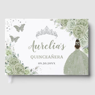 Libro De Visitas Rosa floral verde sabio Princesa Plata Quinceañera