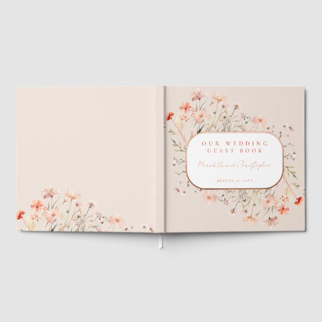 Libro De Visitas Rosa Gold Boda  de flores silvestres rosadas (Lleno)