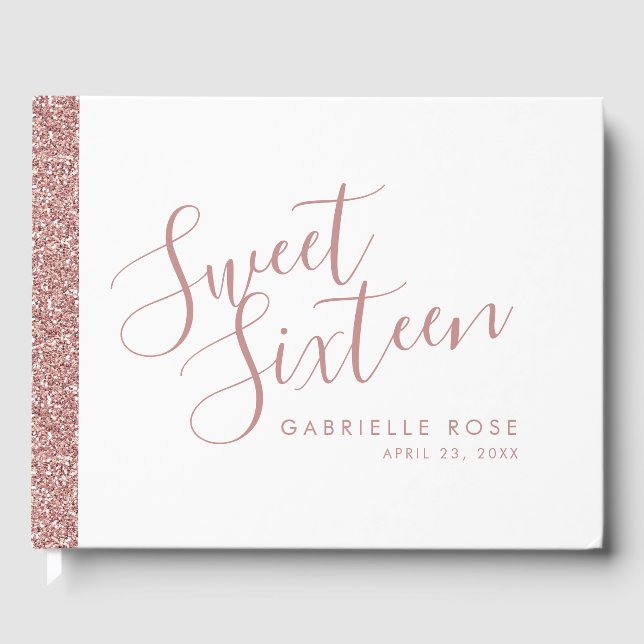 Libro De Visitas Rosa Gold Purpurina Modern Sweet 16 Guest Book (Anverso)