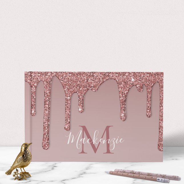 Libro De Visitas Rosa Gotas Purpurinas de glamotas de oro Monograma (Rose Gold Sparkle Glam Glitter Drips Monogram Guest Book)