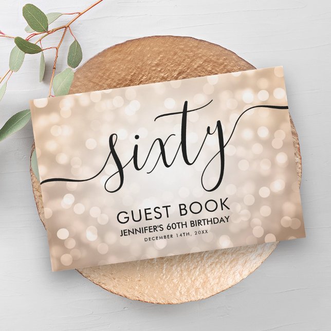 Libro De Visitas Rosa moderno Purpurina de oro ilumina 60 cumpleaño (Modern Rose Gold Glitter Lights 60th Birthday Guest Book)