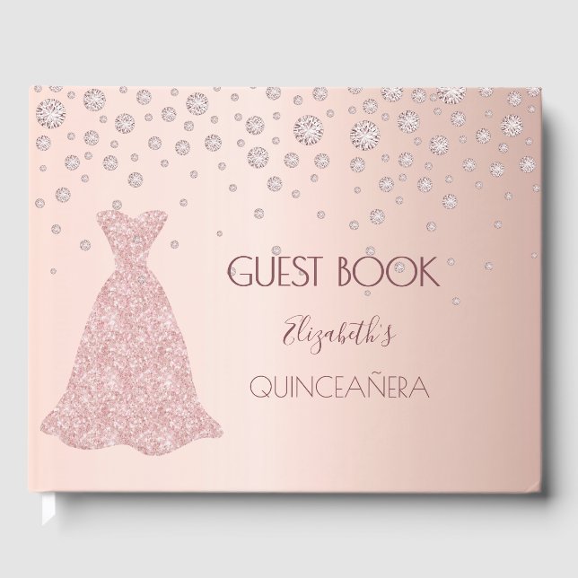 Libro De Visitas Rosa oro diamantes vestido rosa Quinceanera (Anverso)
