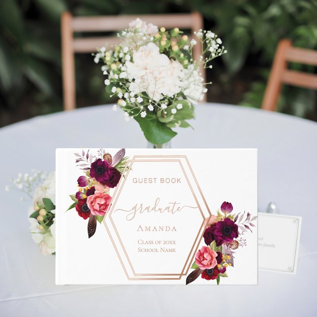 Libro De Visitas Rosa oro geométrico borgoña florales Graduación (Subido por el creador)