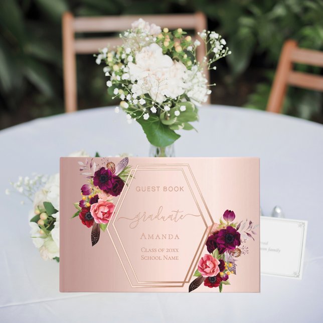 Libro De Visitas Rosa oro geométrico borgoña florales Graduación (Subido por el creador)