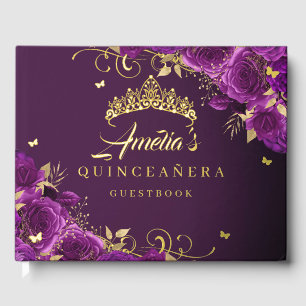 Libro De Visitas Rosa Púrpura Floral Remolino Quinceañera Dorado
