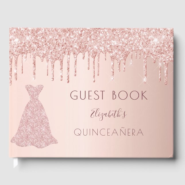 Libro De Visitas Rosa purpurina de oro gotea bata rosa Quinceanera (Anverso)