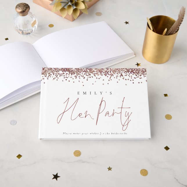 Libro De Visitas Rosa Purpurina de oro Hen Fiesta Guest Book (Anverso Abierto)