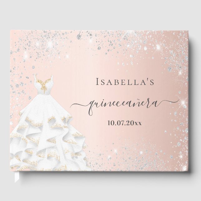 Libro De Visitas Rosa Quinceanera purpurina de vestimenta blanca (Anverso)