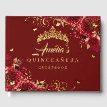 Rosa Roja Floral Remolino Quinceanera Dorado  