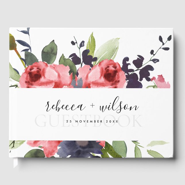 LIBRO DE VISITAS ROSA ROJA PEONÍA EUCALIPTO FLORA ACUARELA BODA (Anverso)