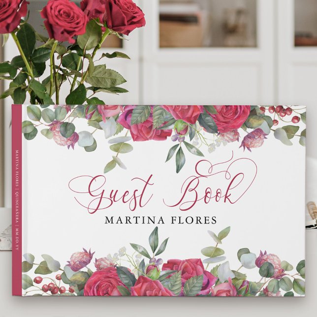 Libro De Visitas Rosa Roja y Eucalipto Elegante Floral (Red floral Guest Book with elegant calligraphy. Lovely keepsake .. easy to customize for any event.)