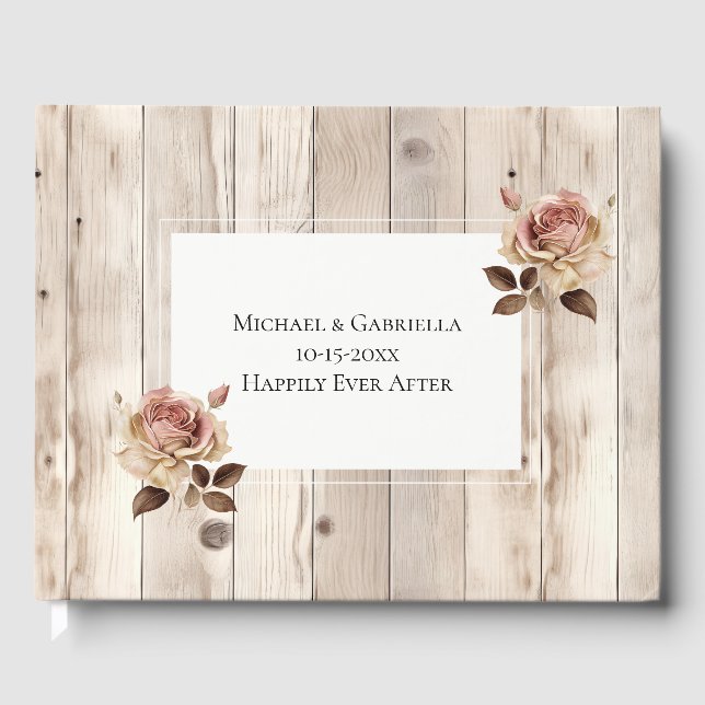 Libro De Visitas Rosa rosa Crema de madera Boda blanco (Anverso)