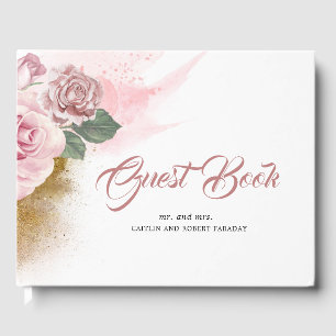 Libro De Visitas Rosa rosa rosado y Boda Purpurina dorado