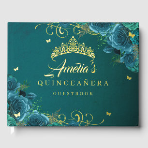 Libro De Visitas Rosa verde azulado Floral Swirl Quinceanera Gold