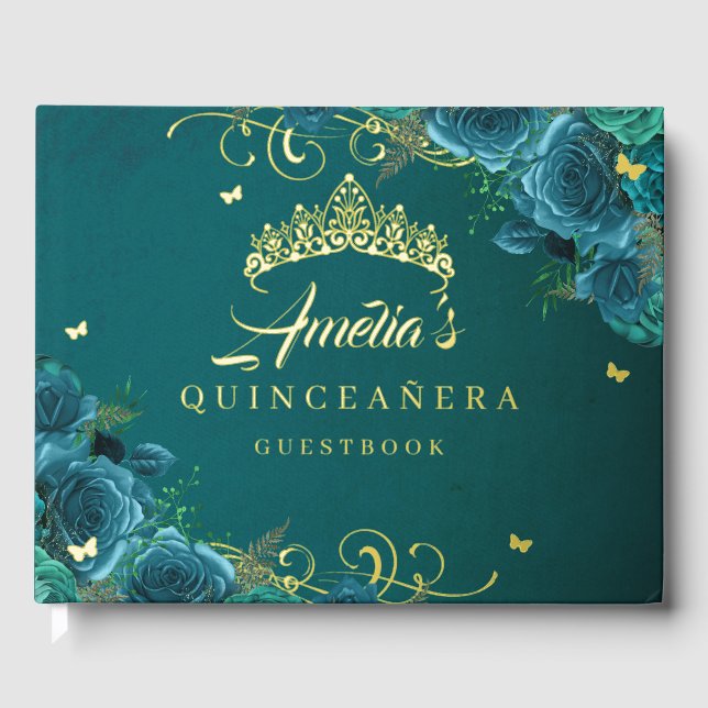 Libro De Visitas Rosa verde azulado Floral Swirl Quinceanera Gold (Anverso)