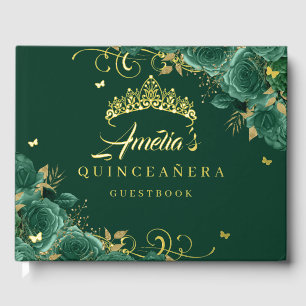 Libro De Visitas Rosa verde esmeralda Swirl Floral Quinceanera Gold