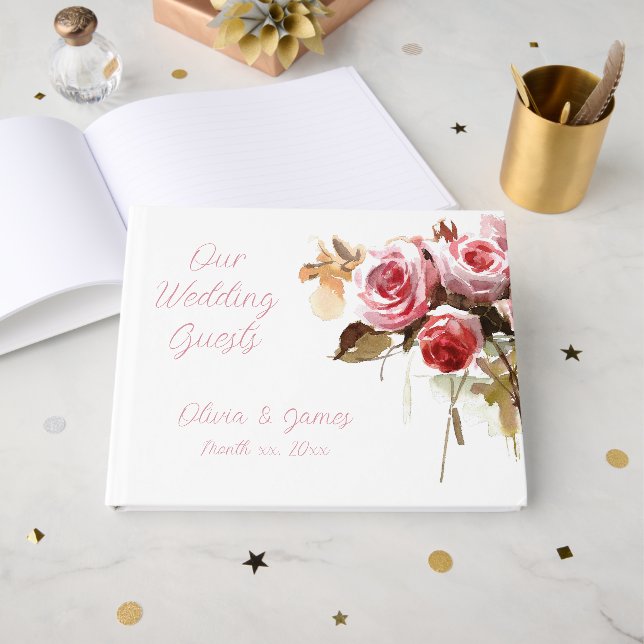Libro De Visitas Rosas antiguos acuarela Recepción de boda rosa (Anverso Abierto)
