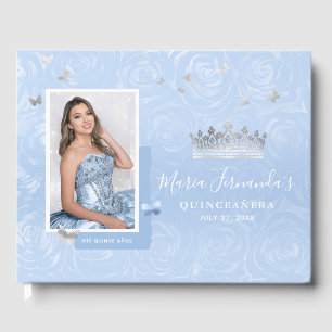 Libro De Visitas Rosas Azules Bebé Luz Plateada Foto Quinceañera
