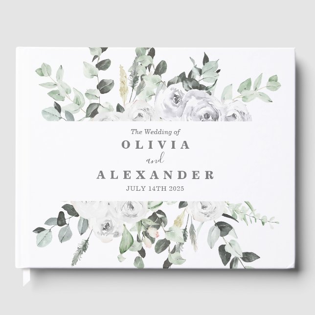 Libro De Visitas Rosas blancas y verde boda floral elegante (Anverso)