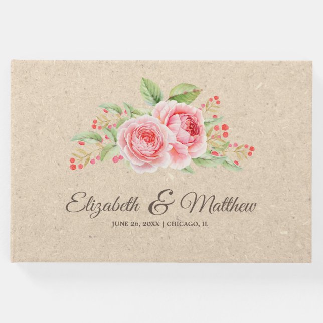 Libro De Visitas Rosas de acuarela | Boda de papel Kraft (Anverso)