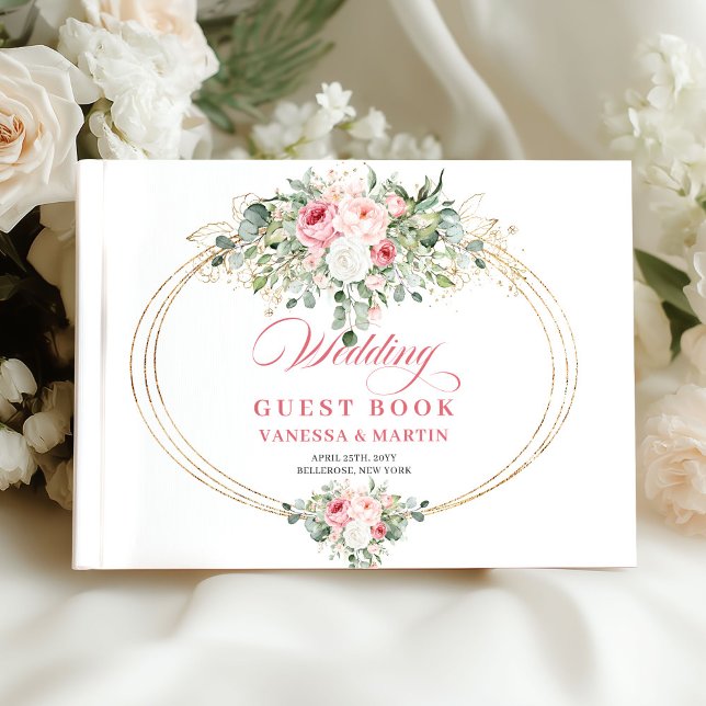 Libro De Visitas Rosas de rubor suave, verde dorado, boda boho chic (Soft blush roses gold greenery boho chic wedding guest book

)