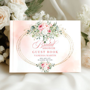 Libro De Visitas Rosas de Tono Rosado Romántico Verde Dorado Shower