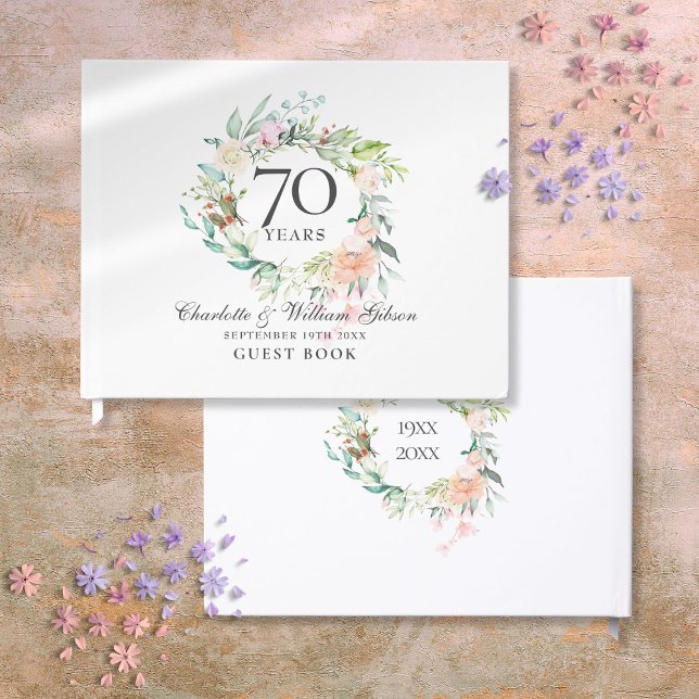 Libro De Visitas rosas del 70° Aniversario Boda Floral Garland (70th Wedding Anniversary Roses Floral Garland Guest Book)