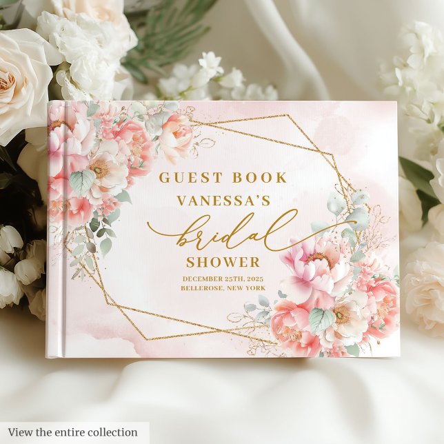 Libro De Visitas Rosas Doradas de Maquillaje en Acuarela Chic para  (Chic Watercolor Blush Gold Roses Bridal Shower Guest Book)