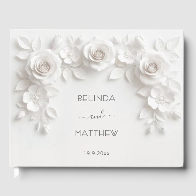 Libro De Visitas Rosas florales blancas en 3D | Boda (Anverso)