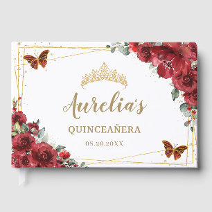 Libro De Visitas ROSAS Florales Rojas QUINCEAÑERA Mariposas de Oro